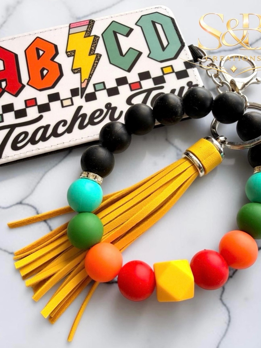 Teacher Tour Yellow Tassel & Multicolor Beaded Keyring Wristlet